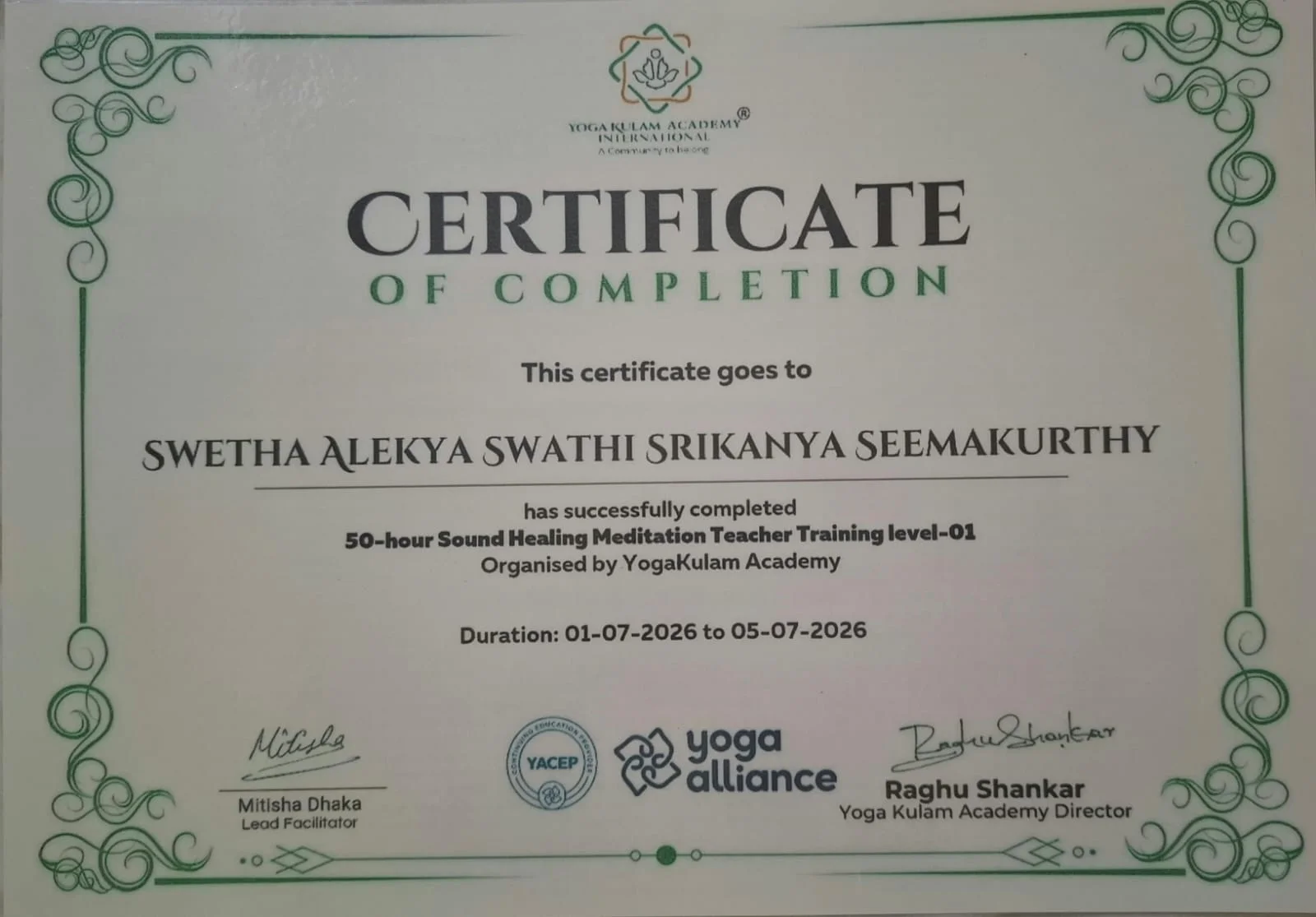 YogaKulam Academy Certificate